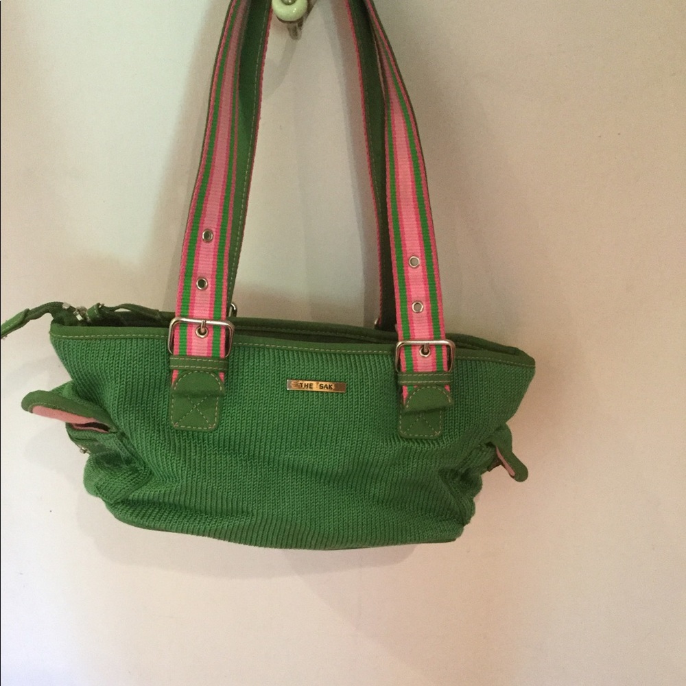 THE SAK Belinda Purse Satchel Shoulder Bag Striped Double Handles Pink & Green